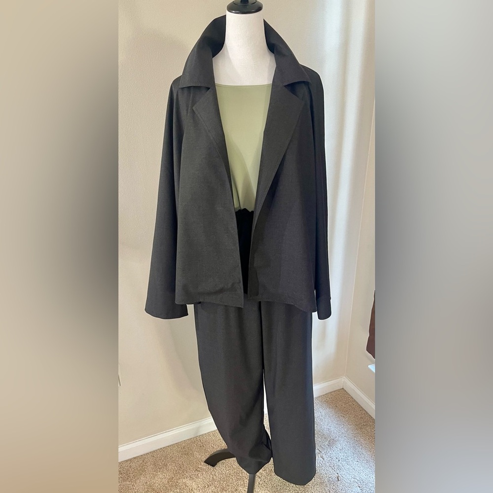 Zoran Vintage Designer 100% Wool 2pc Pant Set Charcoal Gray Open Front Classic